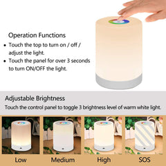 LED Night Light - Smart Bedside Table Lamp Touch Control, Dimmable, USB Rechargeable, Portable, RGB Color Changing