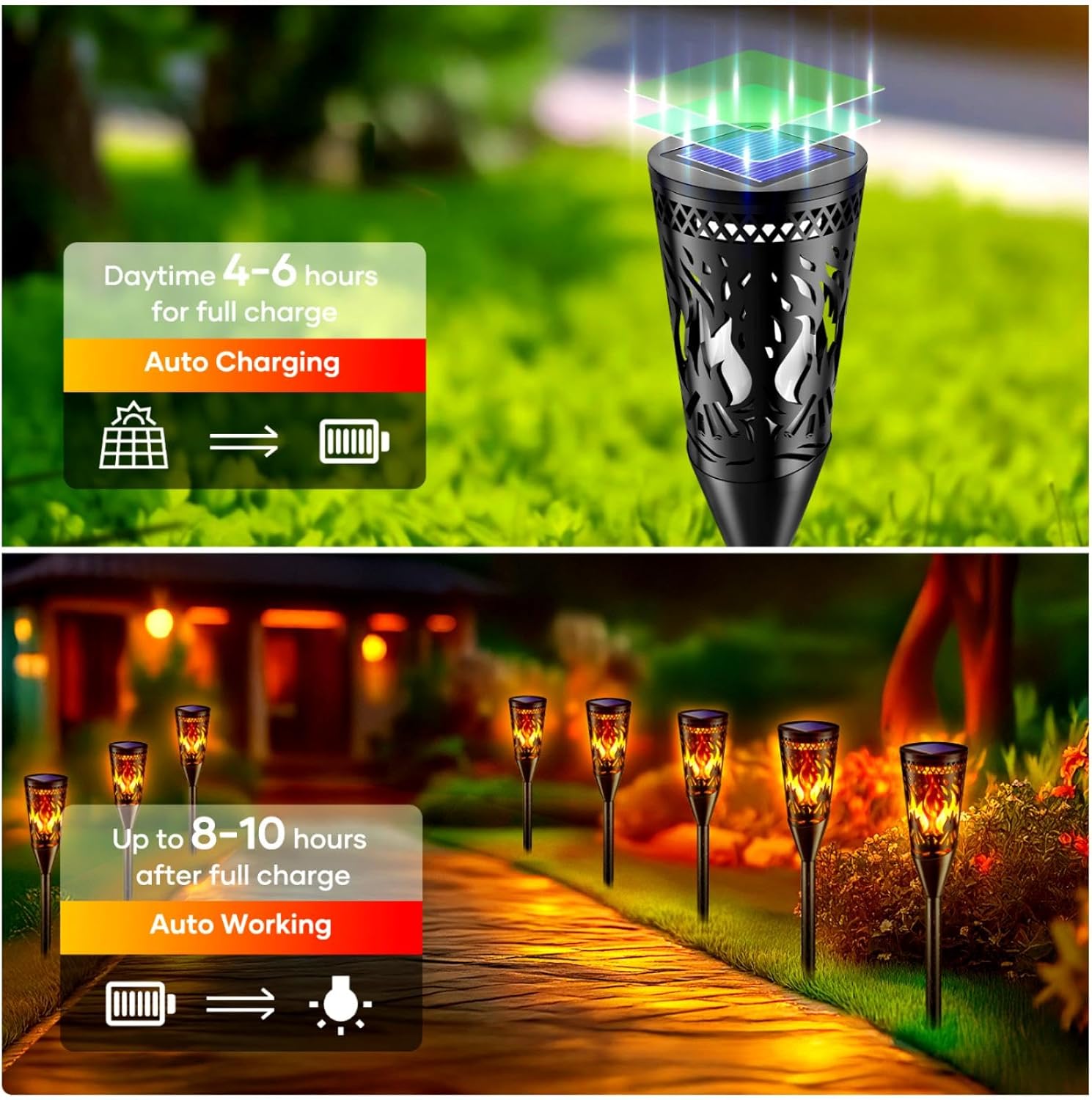 Solar Torch Lights – 6 Pack, Flickering Flame & Steady Modes, Waterproof Outdoor Garden Lights