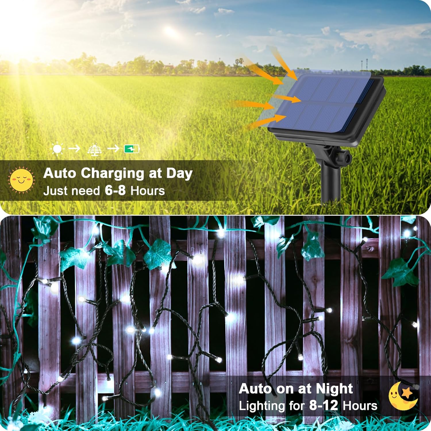 5M 50 LED Solar String Lights – Cool White, 8 Modes, Waterproof