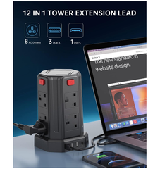 8-Way Tower Extension Lead with 4 USB Ports, 13A 3250W Power Strip, 2M Cable