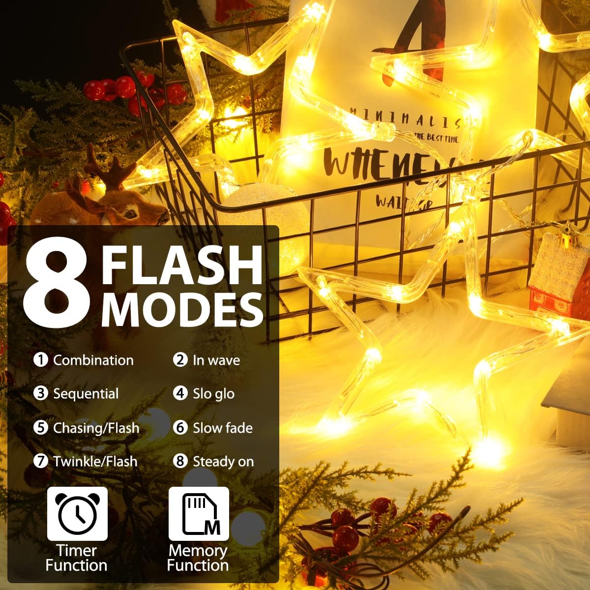 Christmas Window Star Lights, 30 LEDs Battery String Lights with Timer