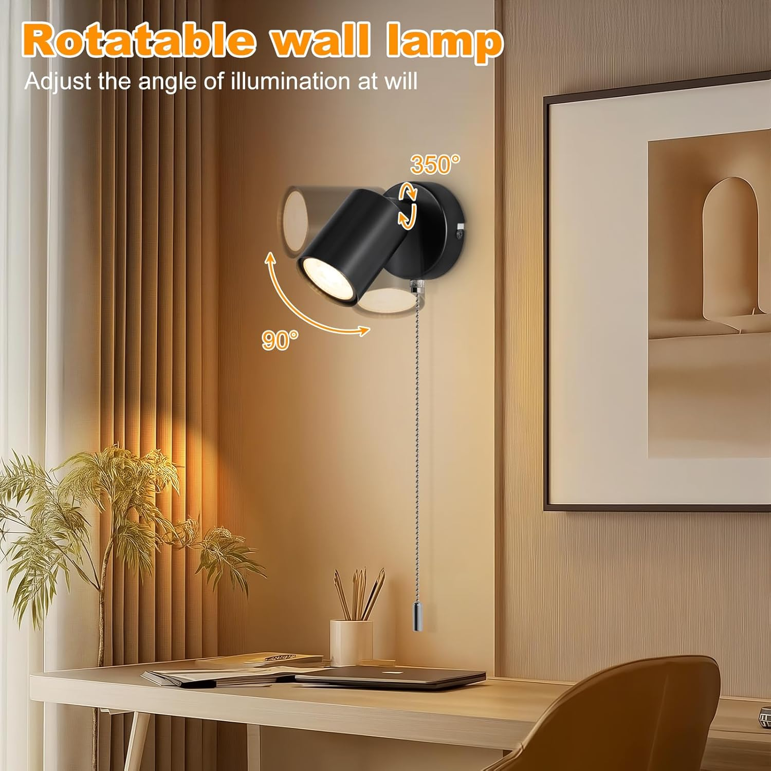 Modern Adjustable Wall Lamp – Black GU10 Spotlight with Pull Cord Switch, Indoor Use