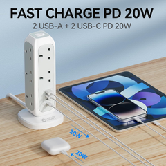 15-Way Tower Extension Lead with 4 USB Ports & 20W USB-C Fast Charger, 2M Cable