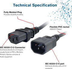 2M Computer Power Extension Cable IEC C13 to C14 – 18 AWG Kettle Lead, Black