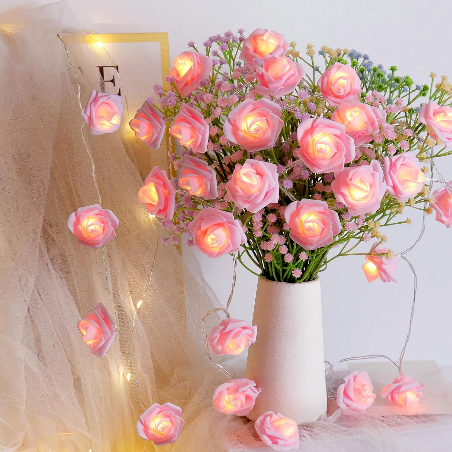 Romantic Pink Rose Fairy Lights – 20 LED Battery
