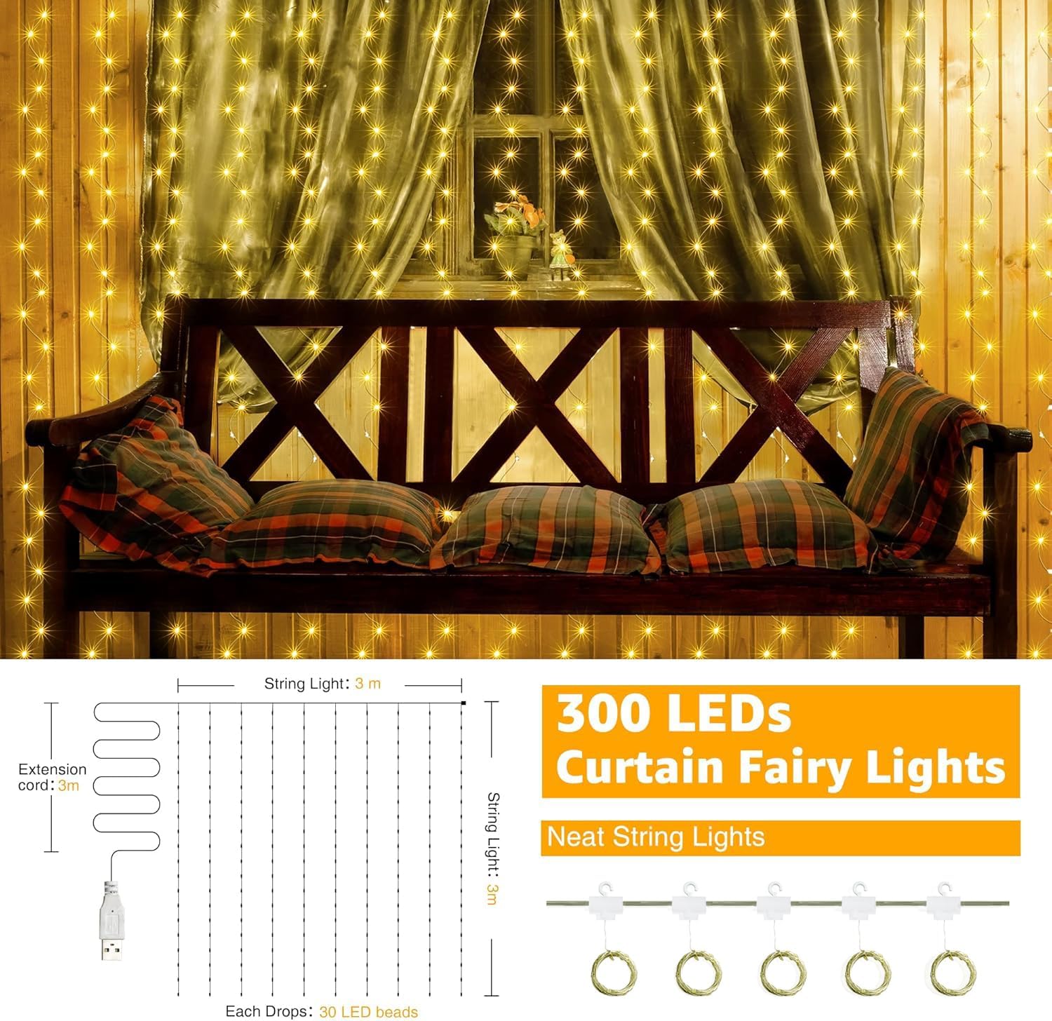 300 LED Curtain Fairy Lights Warm White for Indoor Outdoor