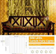 300 LED Curtain Fairy Lights Warm White for Indoor Outdoor