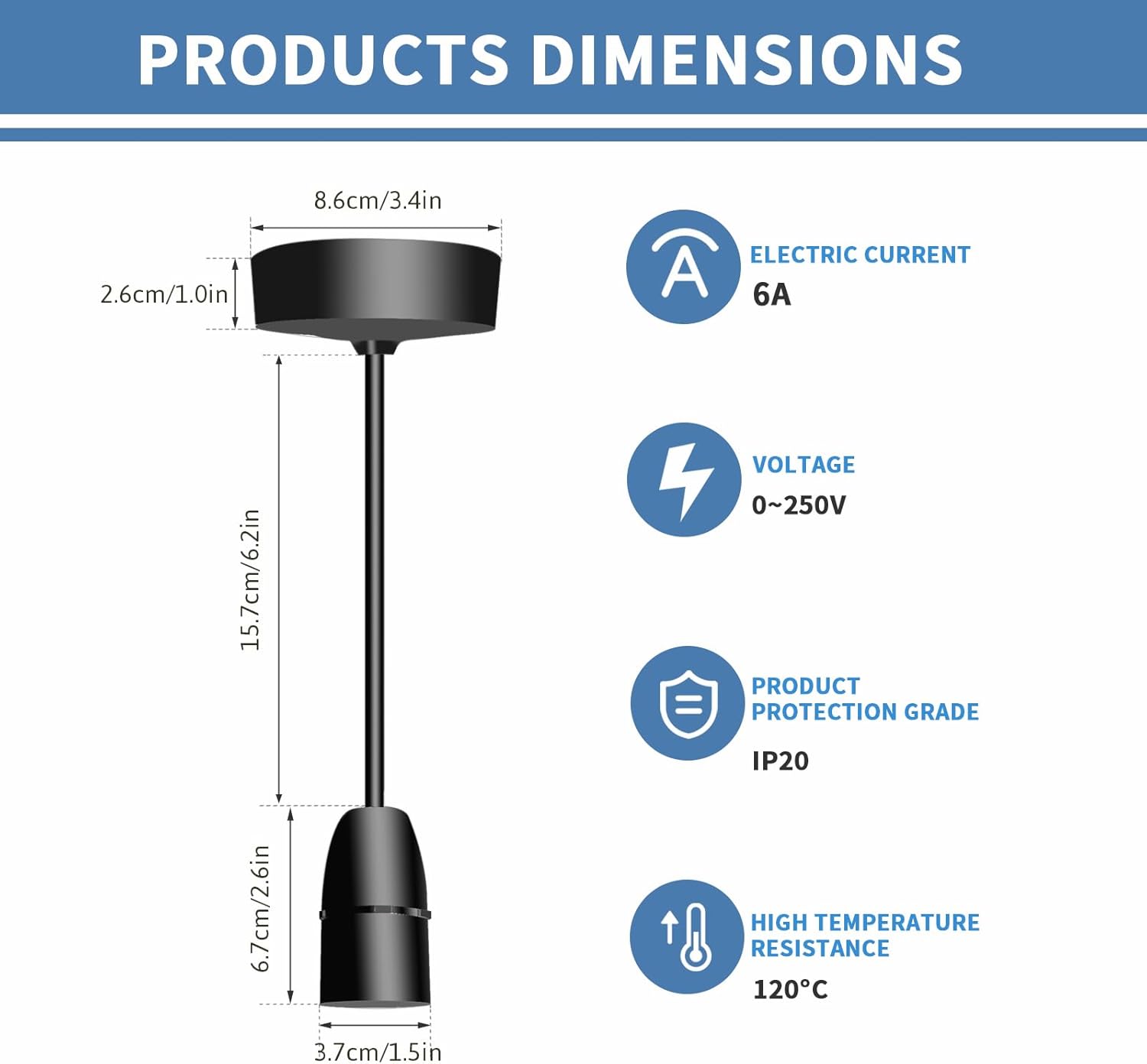 Ceiling Pendant Light Fitting, B22 Lamp Holder, 6”(150mm), Black Plastic Light Bulb Holder, Ceiling Rose for Kitchen Island Living Room Bedroom Lightings