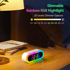 Dual Alarm Clock with 7 Soothing Sounds - RGB Night Light, Dimmable, Snooze, Auto-Off Timer, Rainbow LED Digital Clock for Kids, Bedroom