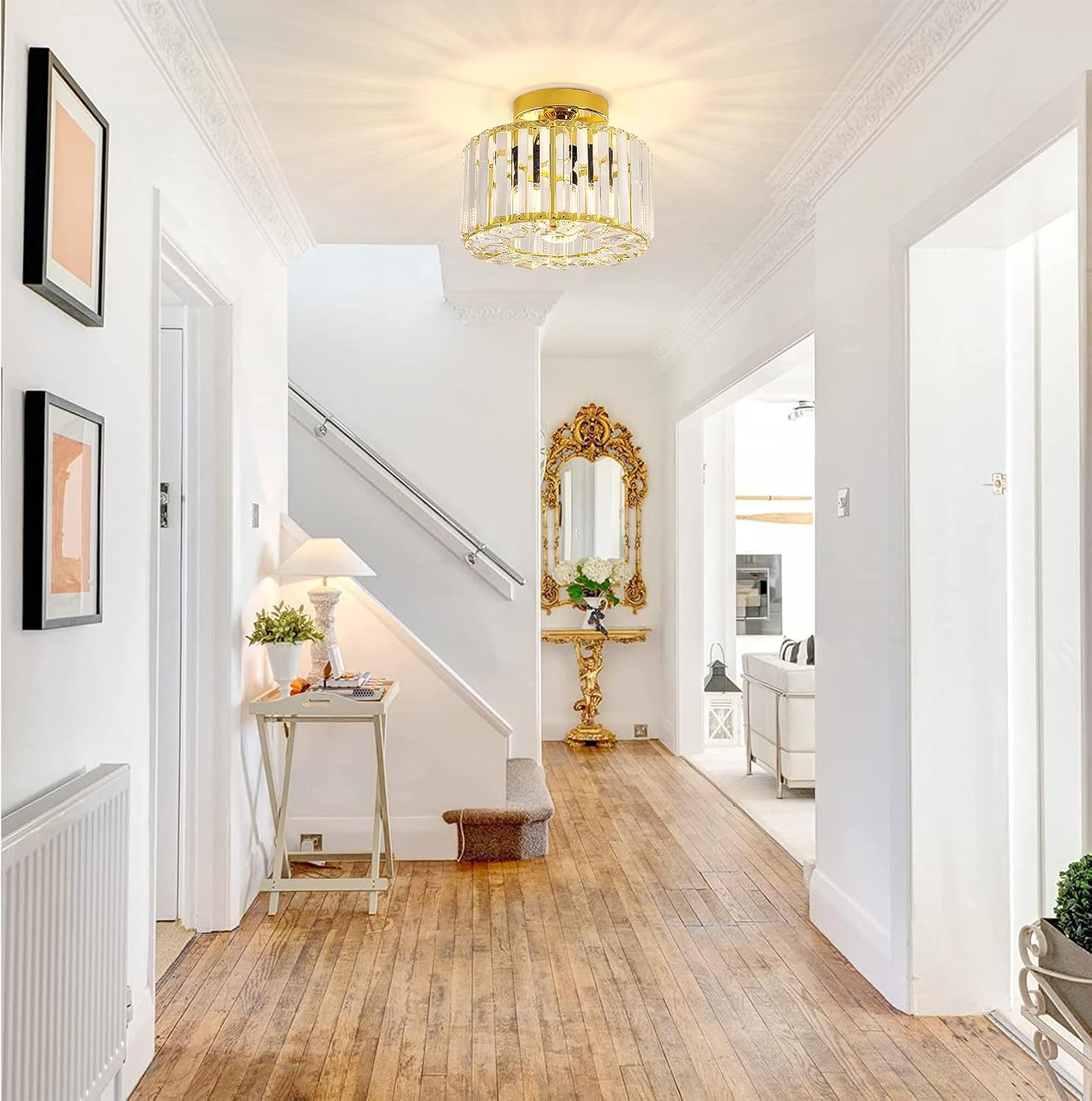 Gold Crystal Semi Flush Mount Ceiling Light, Modern Industrial Fixture