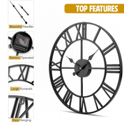 Large Vintage Metal Wall Clock, Silent Non-Ticking Roman Numerals for Home & Garden
