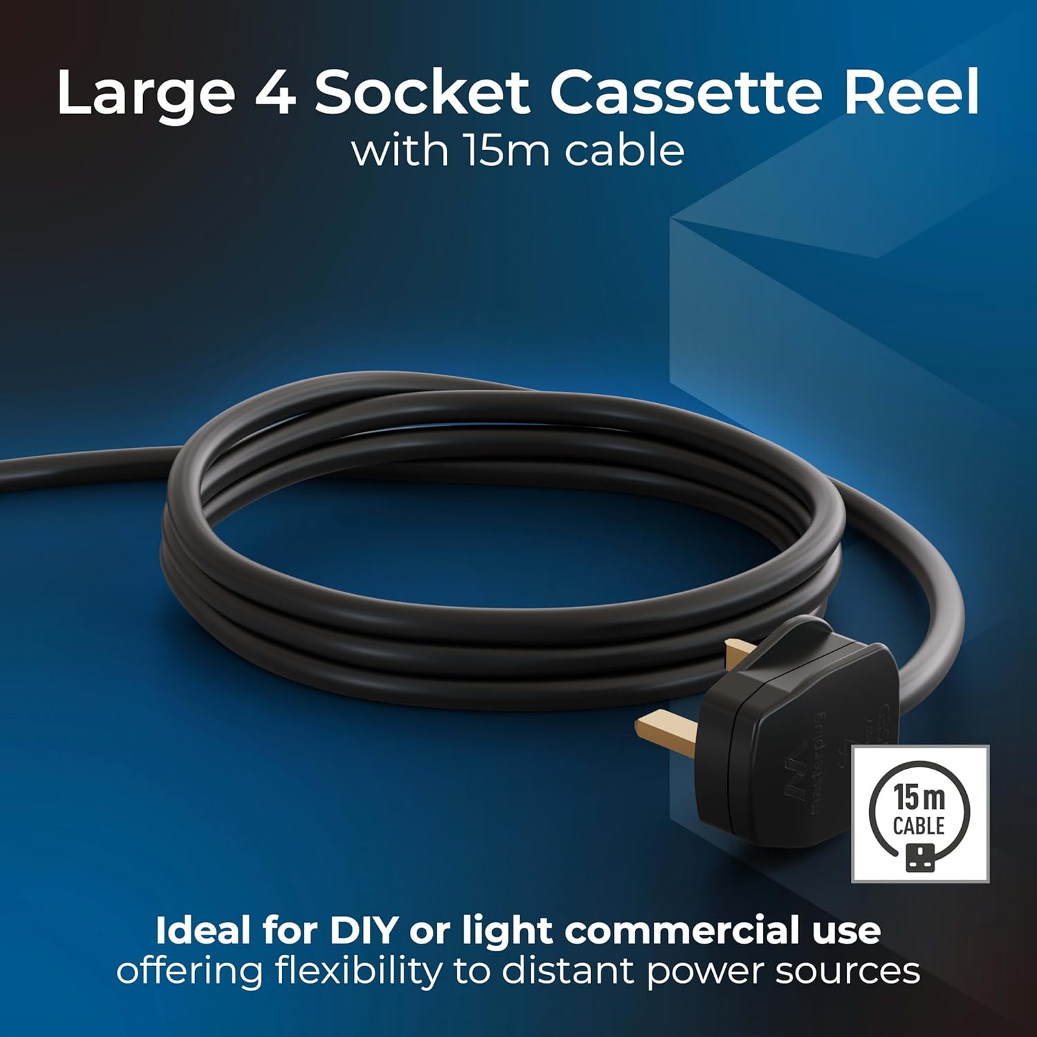 4 Socket 15M Extension Lead Cable Reel with Thermal Cut-Out, 10A Blue/Black