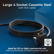 4 Socket 15M Extension Lead Cable Reel with Thermal Cut-Out, 10A Blue/Black