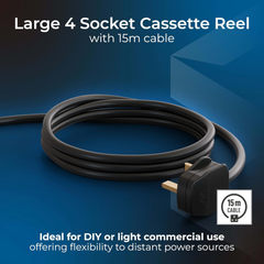 4 Socket 15M Extension Lead Cable Reel with Thermal Cut-Out, 10A Blue/Black