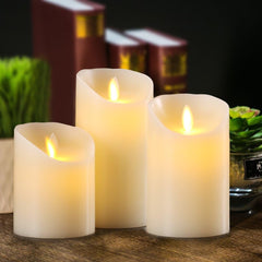 Set of 3 Flameless Wax Pillar Candles - Battery Operated with Flickering Moving Wick, Remote Control