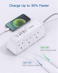 6 Way Extension Lead with 5 USB Ports (1 USB-C), 5M Braided Cable, 3250W Surge Protected