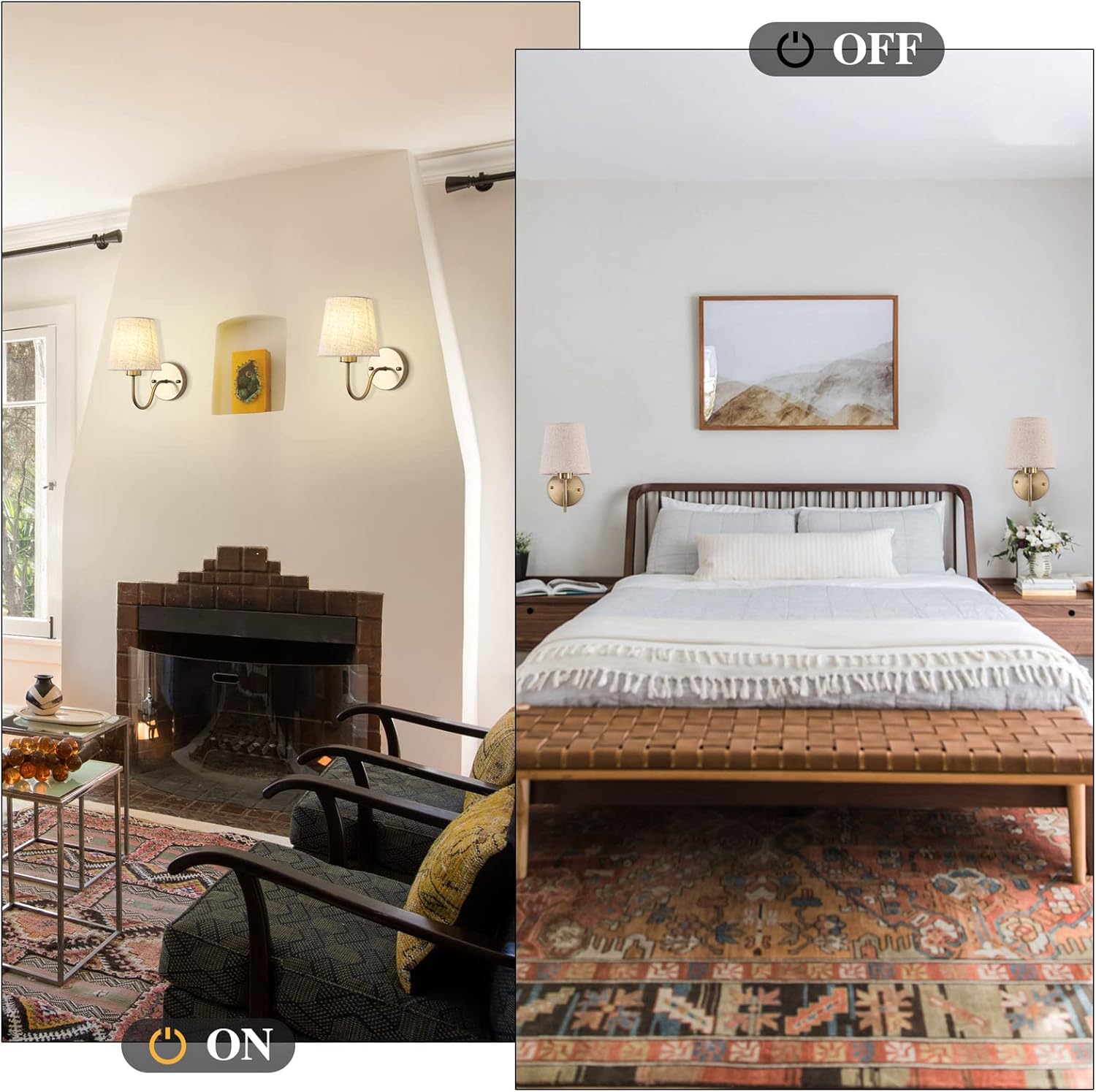 Set of 2 Gold Wall Lights – Vintage Indoor Sconces with Fabric Shade, E27 Compatible