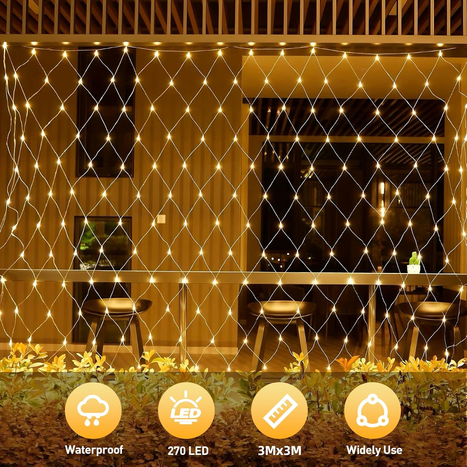 LED Net Fairy Lights – 270 Warm White, 8 Modes