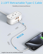 2-Way Extension Lead with 3 USB Ports & Retractable USB-C Cable, 1.5M Power Strip