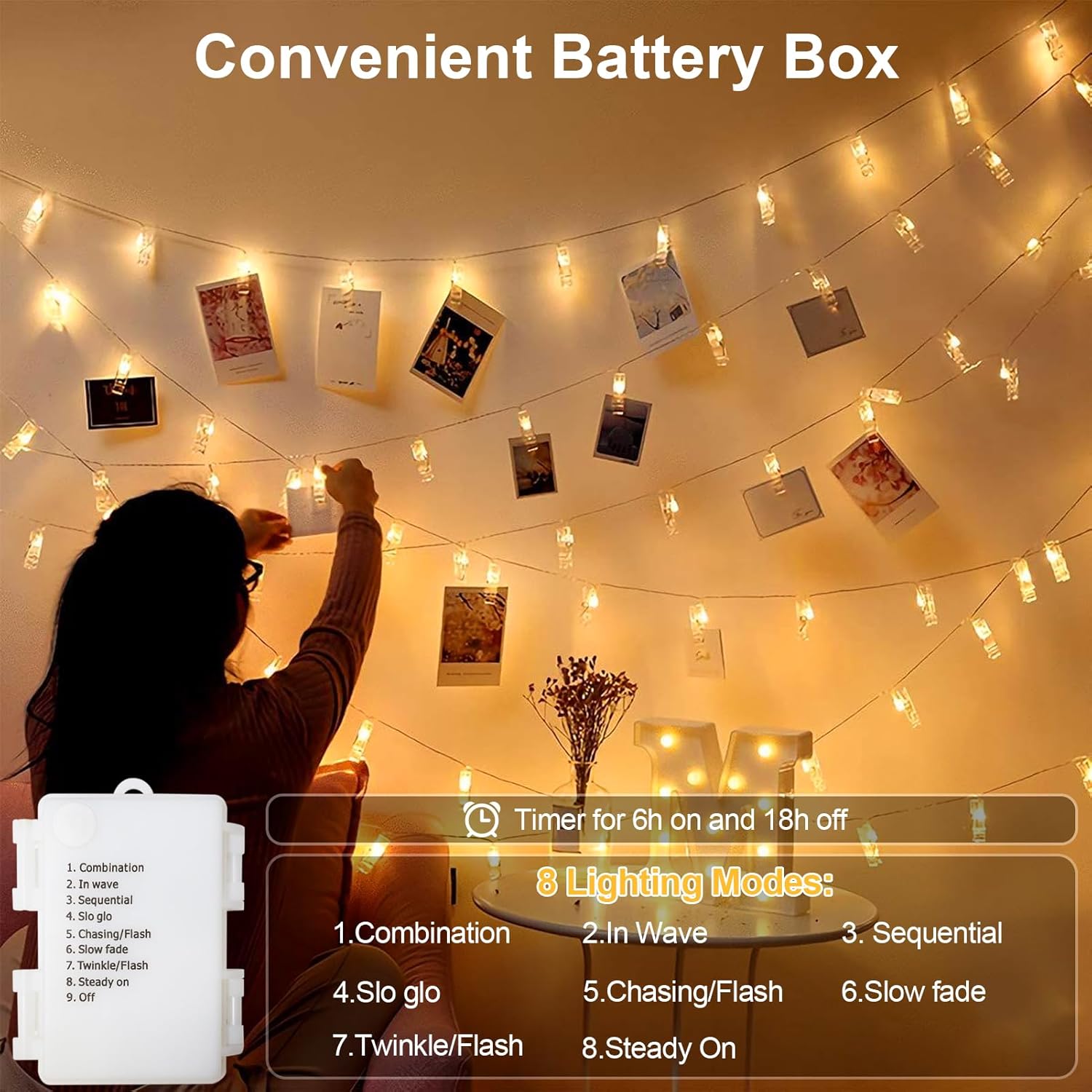 3M Photo Clip String Lights – 20 LED, 8 Modes, Battery Powered