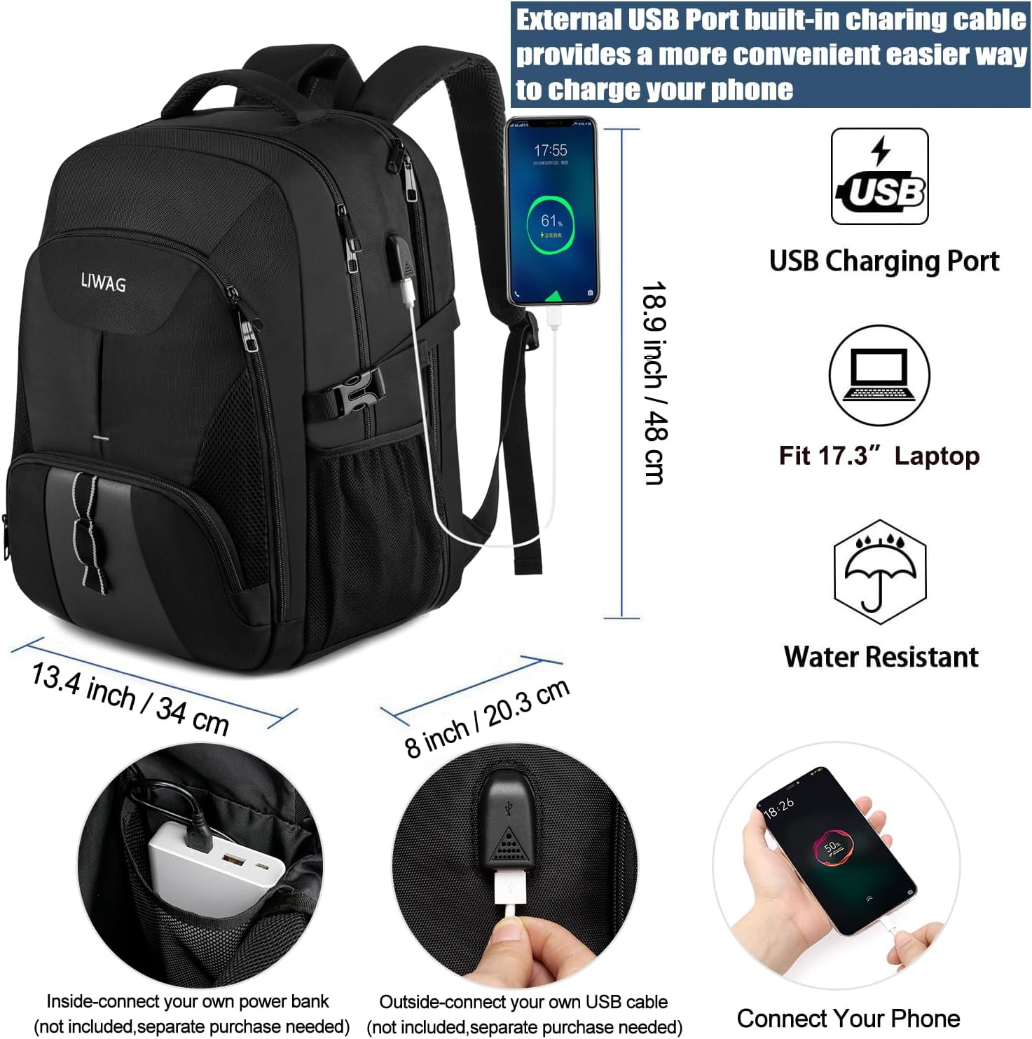 Extra Large 50L Laptop Backpack – 17" Water-Resistant USB Travel Rucksack Black