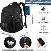 Extra Large 50L Laptop Backpack – 17" Water-Resistant USB Travel Rucksack Black