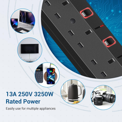 6 Way Extension Lead with Individual Switches – 5M Surge Protected Power Strip, 13A, Black