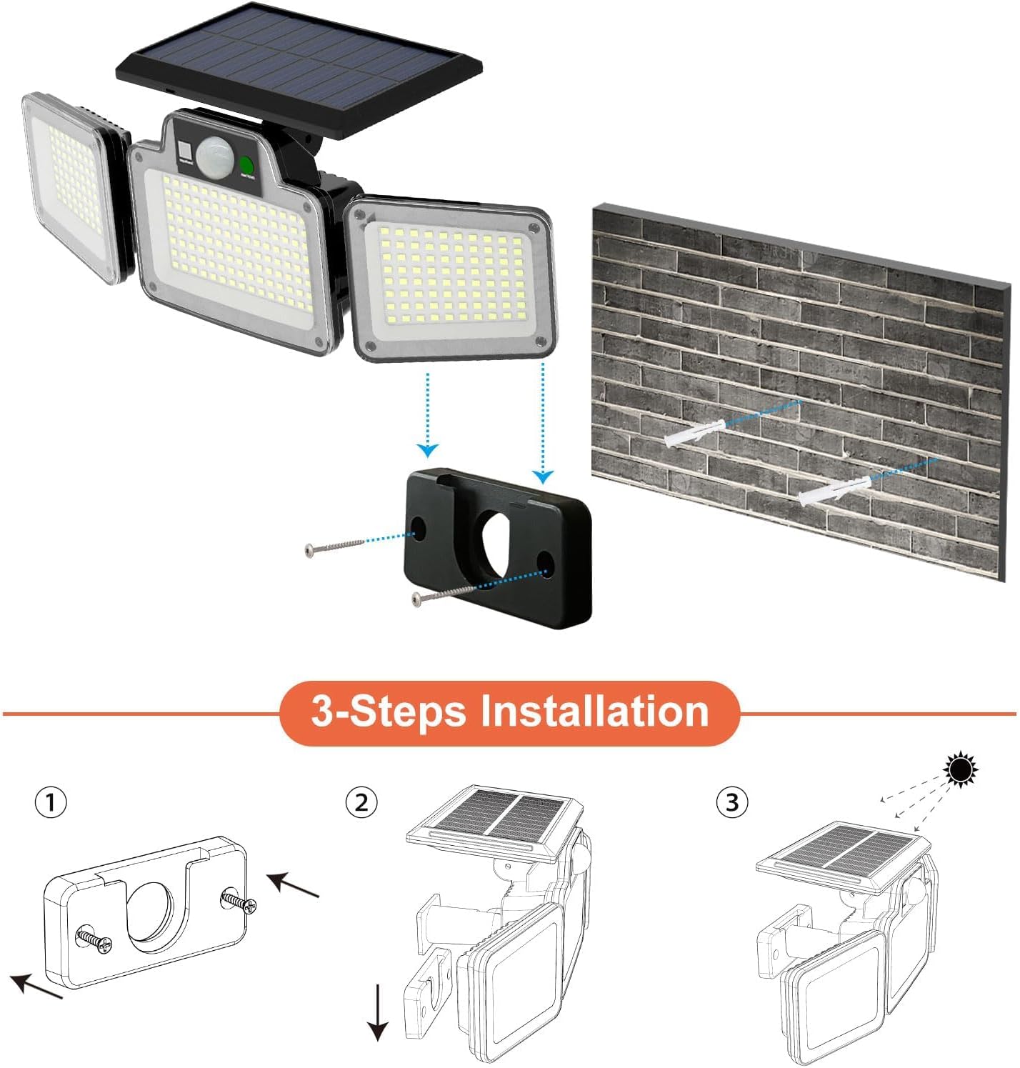 280 LED Solar Motion Light – 3-Head Outdoor Floodlight