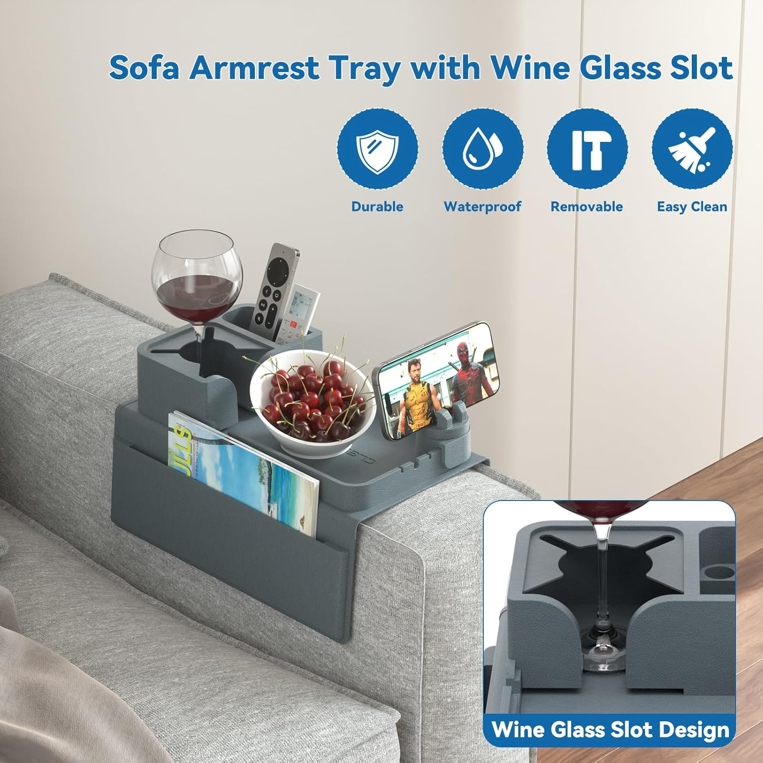 Couch Cup Holder Tray – Non-Slip Sofa Armrest Organizer with Cup & Phone Holder
