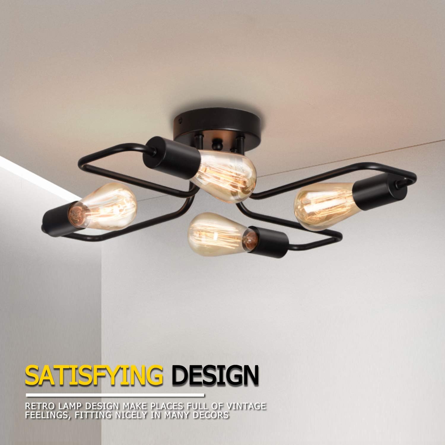 Vintage 4-Light Black Rustic Semi-Flush Ceiling Chandelier