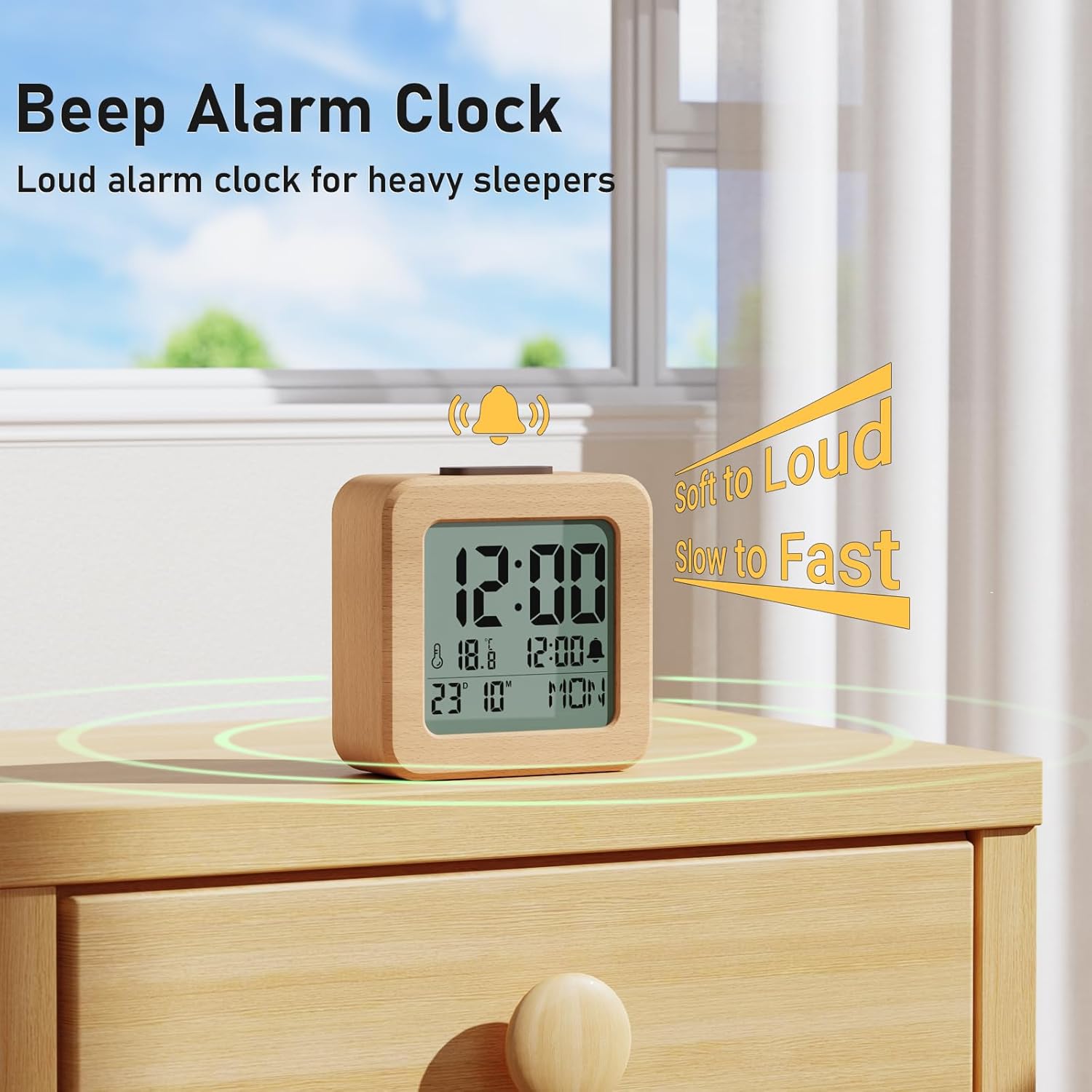 Wooden Digital Alarm Clock – Battery Powered, LCD Backlit, Temperature, Date, Snooze, 12/24H