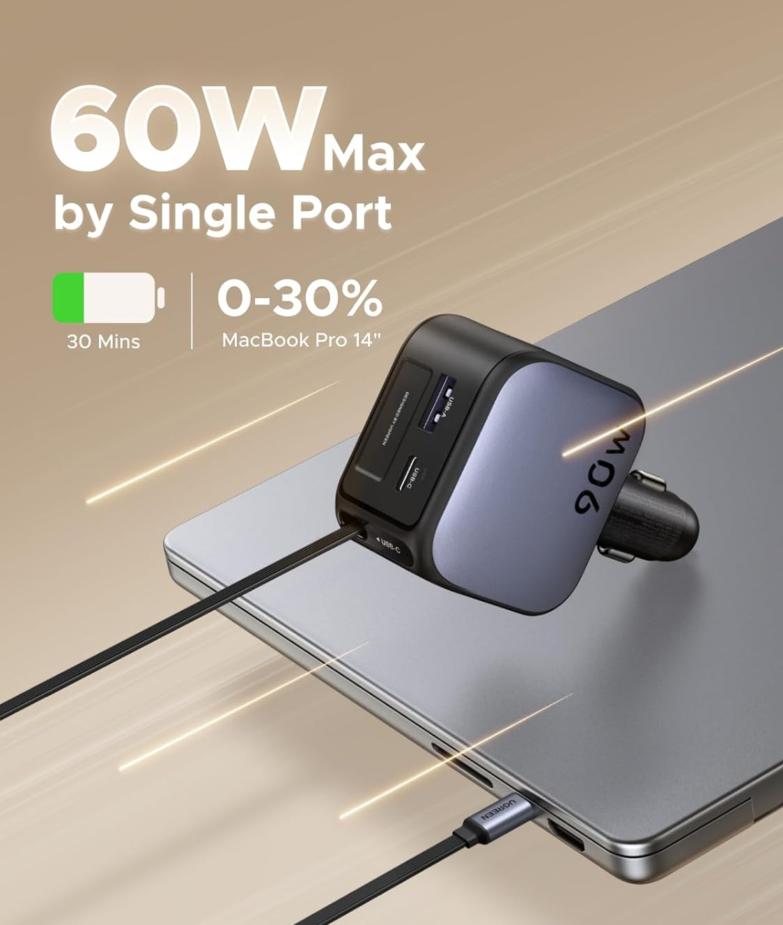 90W Retractable Car Charger – 3-Port Fast USB Car Adapter with 60W Cable for iPhone, Galaxy, iPad & Laptops