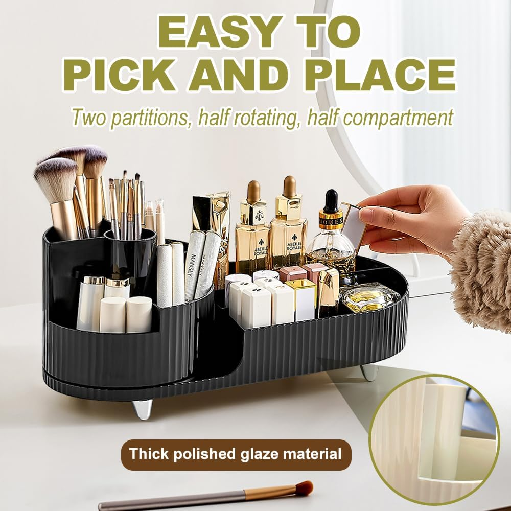 360 Rotating Black Makeup Organizer 2-in-1 Cosmetic Storage Box