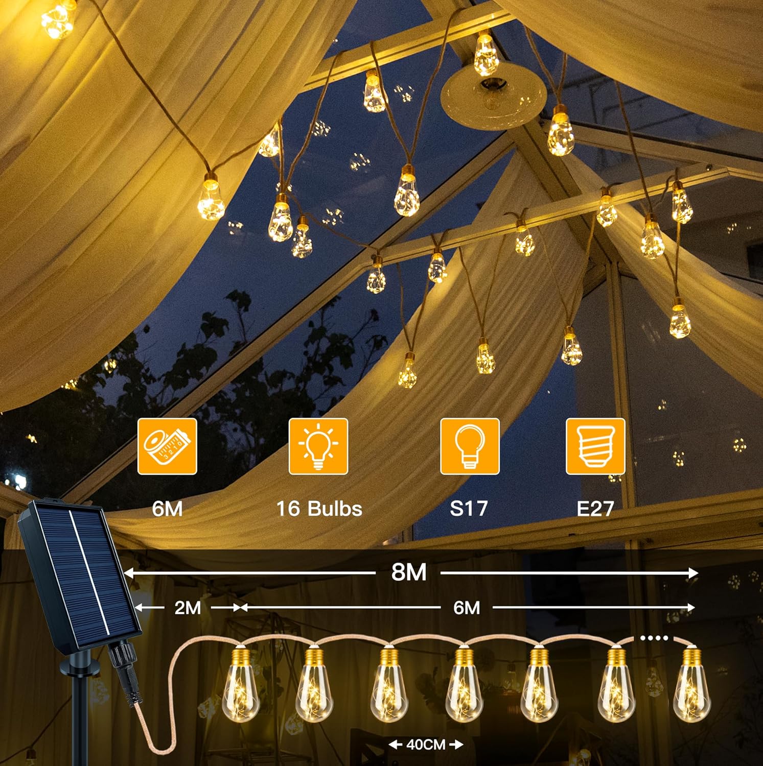 6m Solar Festoon Lights with Remote – 16 Bulbs Outdoor