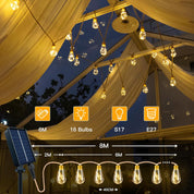 6m Solar Festoon Lights with Remote – 16 Bulbs Outdoor