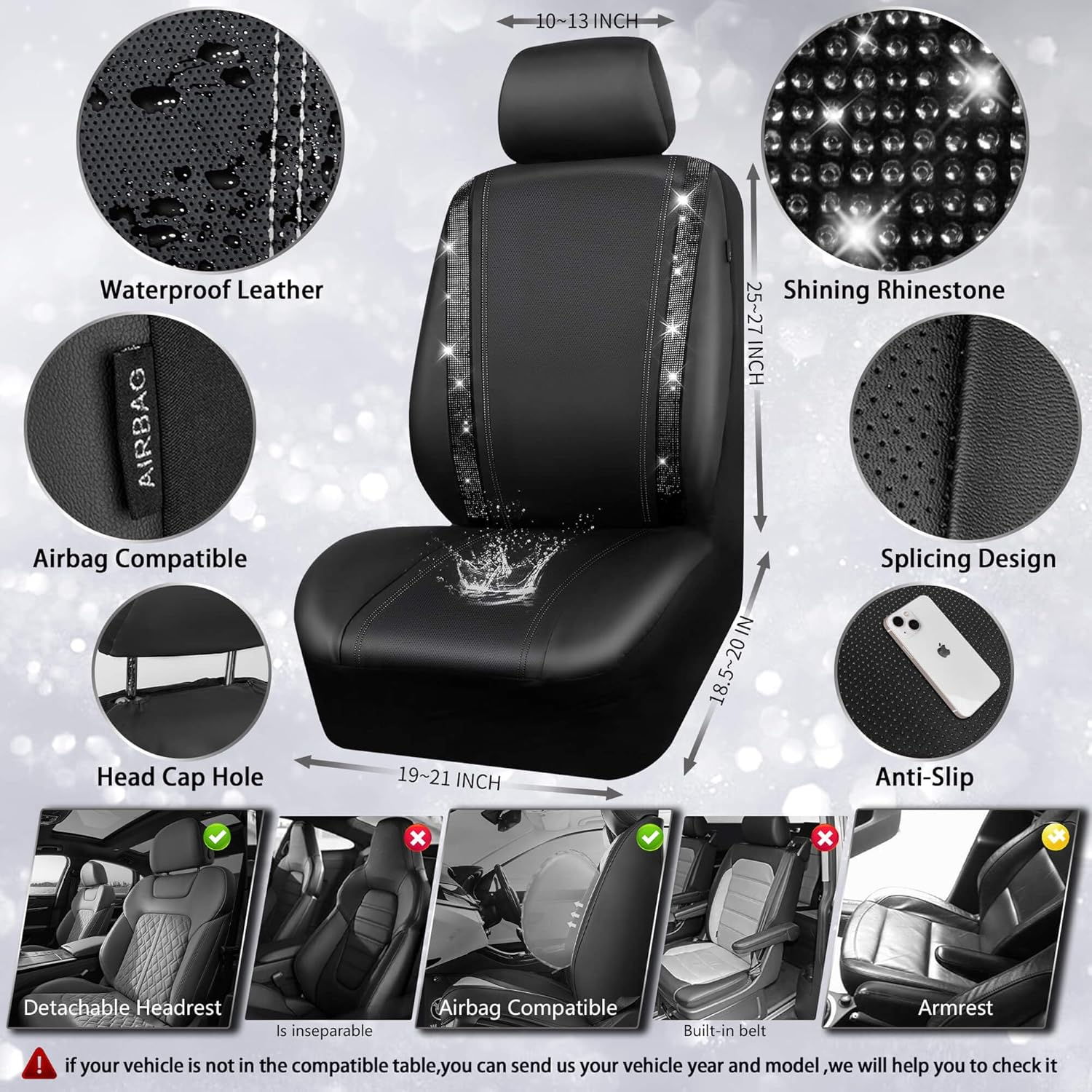 Luxury Bling Leather Car Seat Covers – 2PCS Front Shiny Diamond Set