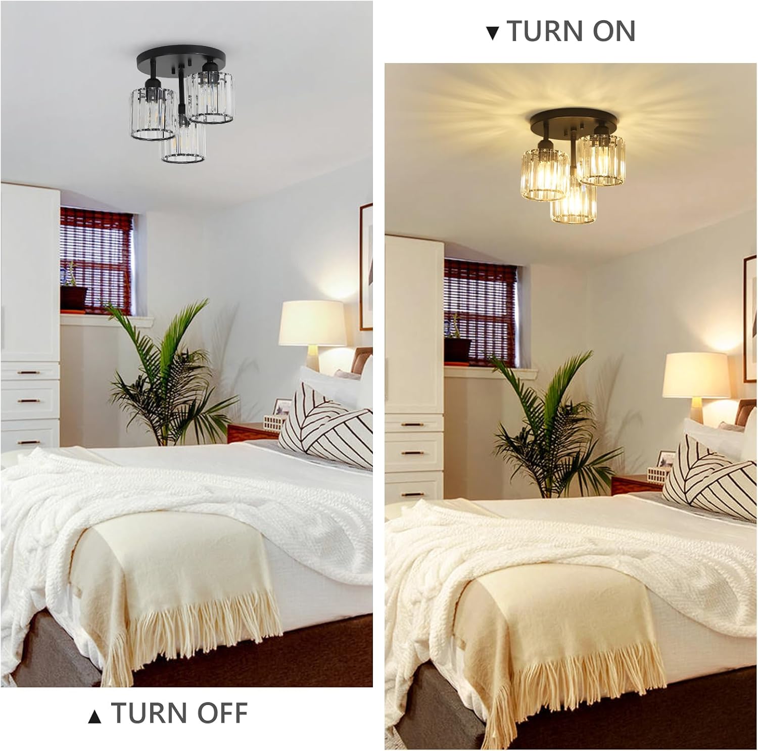 Modern Crystal Chandeliers Ceiling Light, 3-Lights Crystal Ceiling Lights Living Room, Black Semi Flush Ceilings Light Fittings for Hallway
