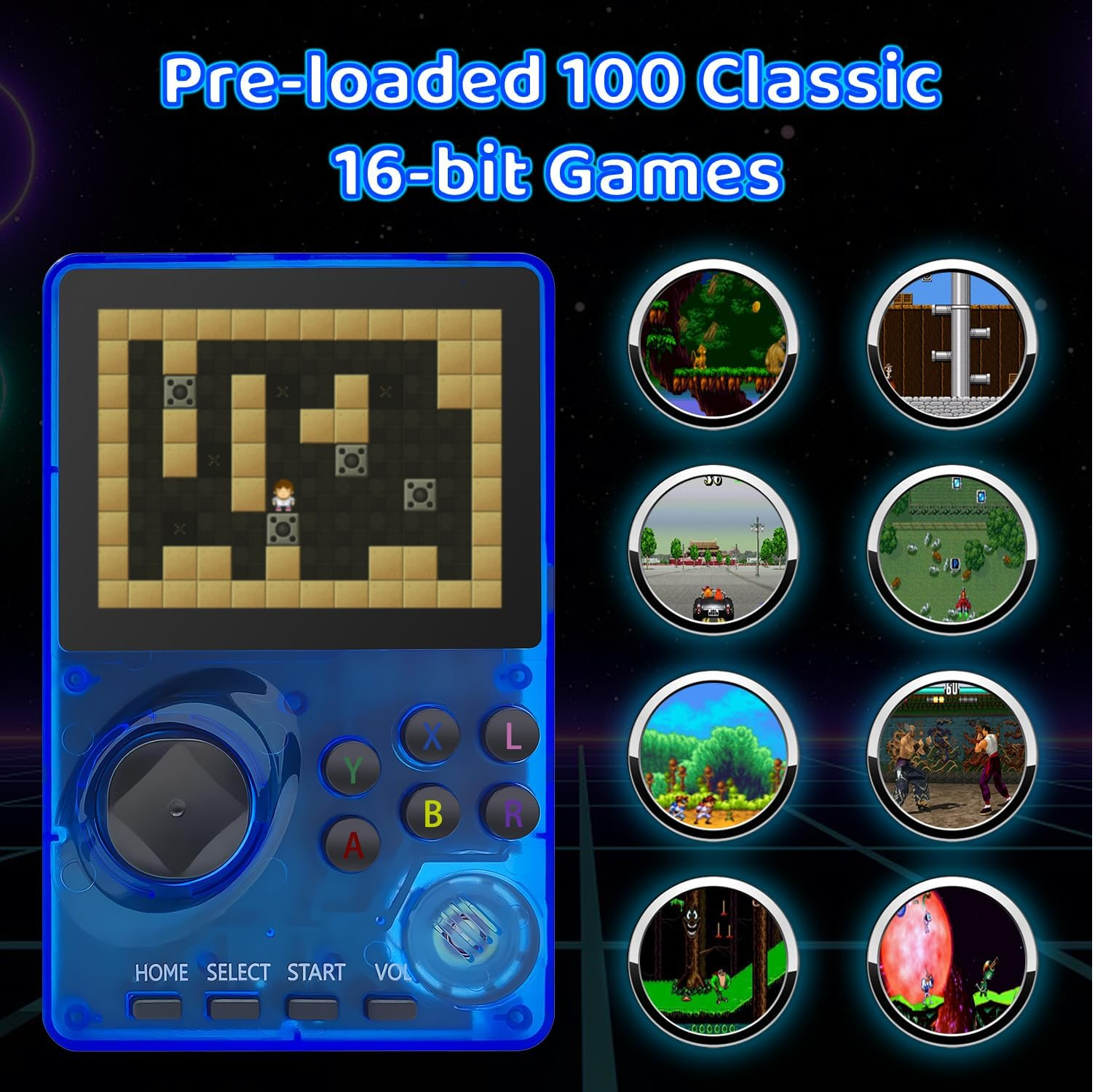 Retro Handheld Game Console with 100 Classic 16-Bit Games, 2.8" Screen, Blue