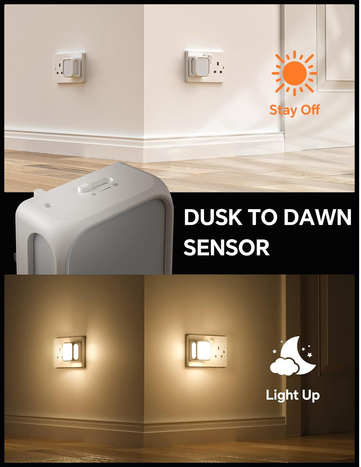 Plug-in LED Night Light with Dusk to Dawn Sensor, Adjustable Brightness, 3000K Warm White (2 Pack)