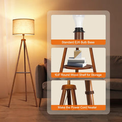 Solid Wood Tripod Floor Lamp with Remote & Shelf