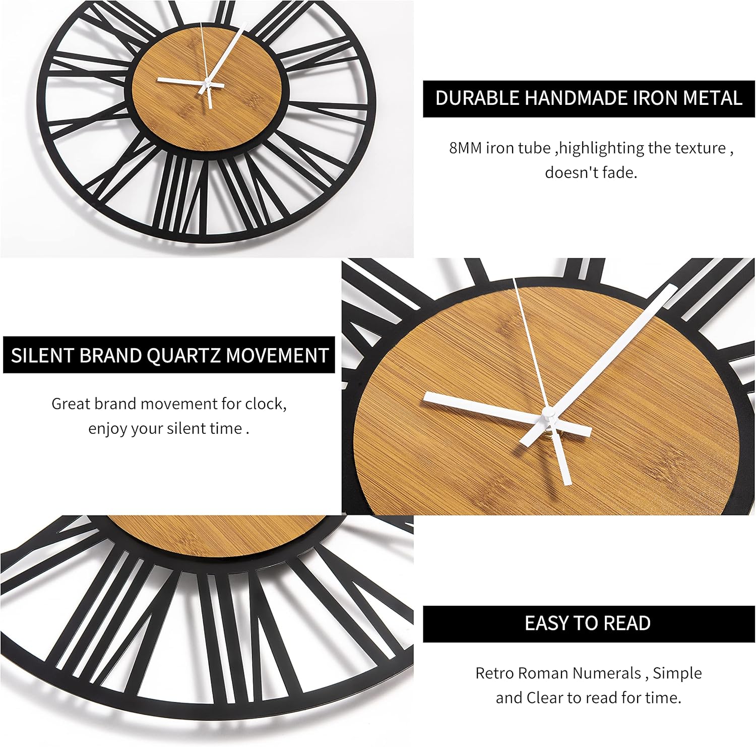 Large Silent Non-Ticking Vintage Wall Clock 14-Inch