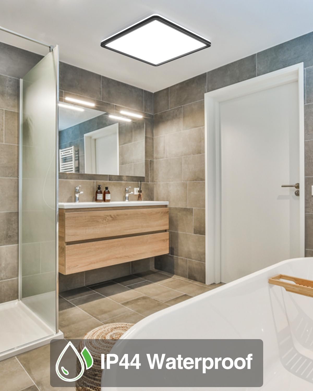 36W Square LED Ceiling Light, 3300LM, 5000K Daylight, IP44 Waterproof, Slim Black Design