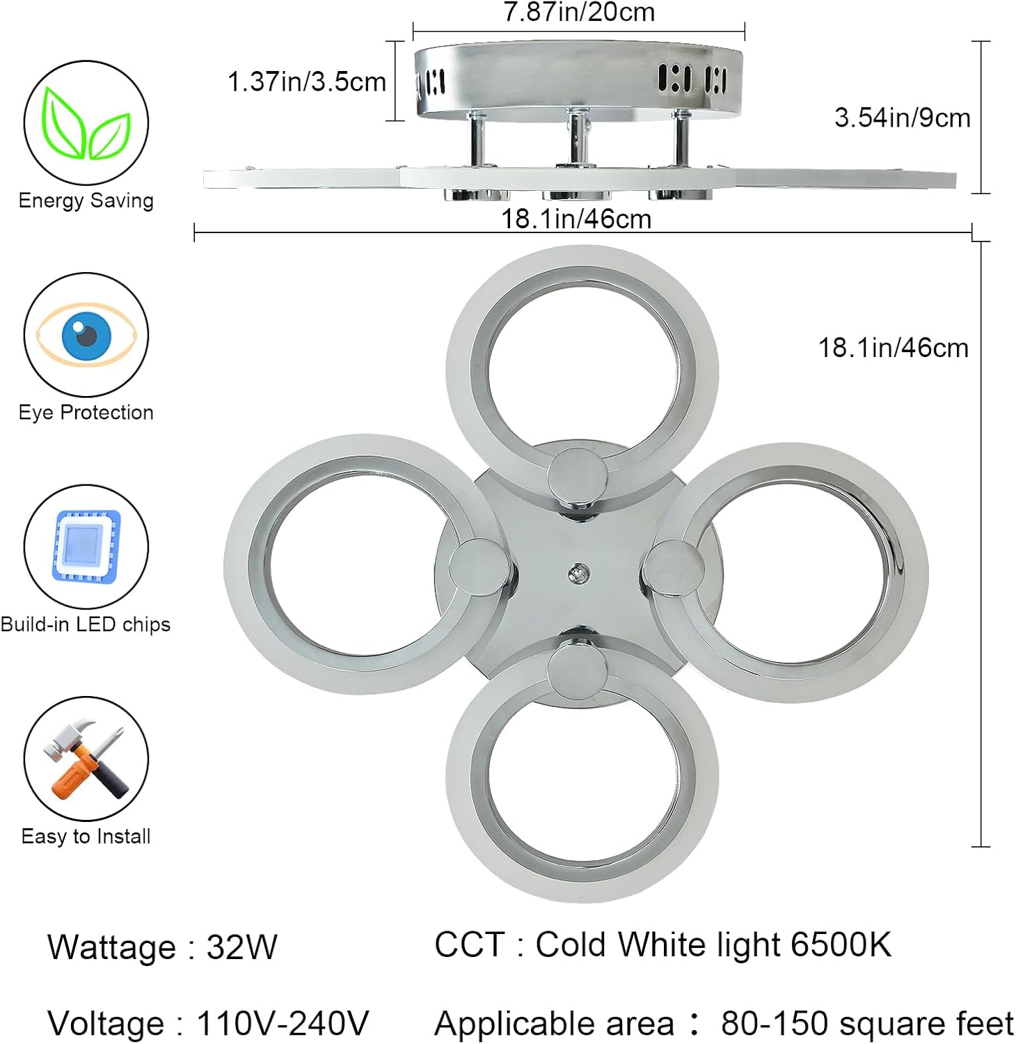 Modern 4-Ring LED Ceiling Light, Chrome, 6500K Daylight