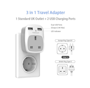 Travel Adapter with 2 USB Ports, Type E/F Grounded Plug for Europe