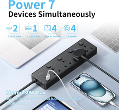 4 Way Extension Lead with 3 USB Ports 30W – 2M Surge Protected Power Strip, Black