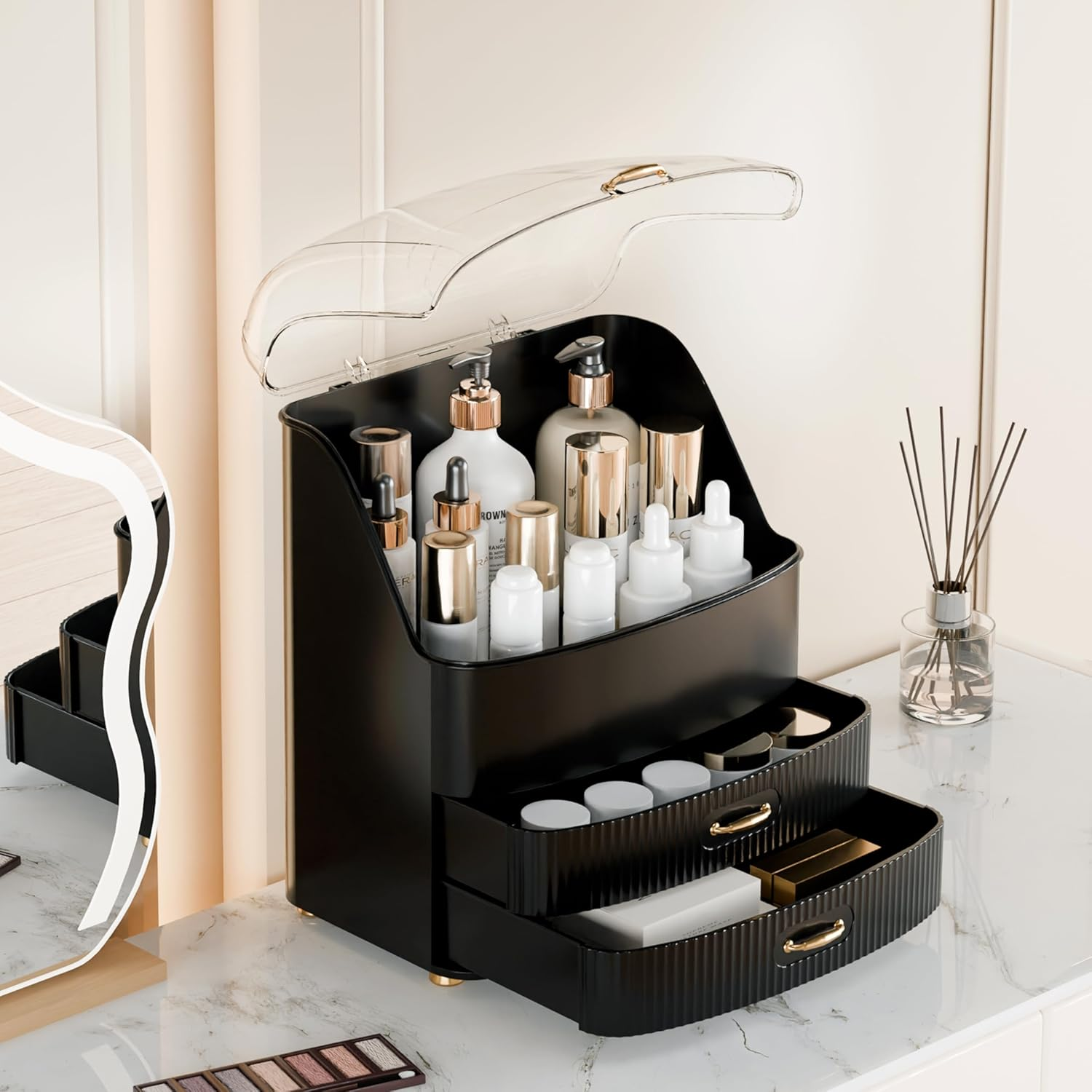 Black Makeup Organizer Box with Lid and Drawers for Vanity Storage