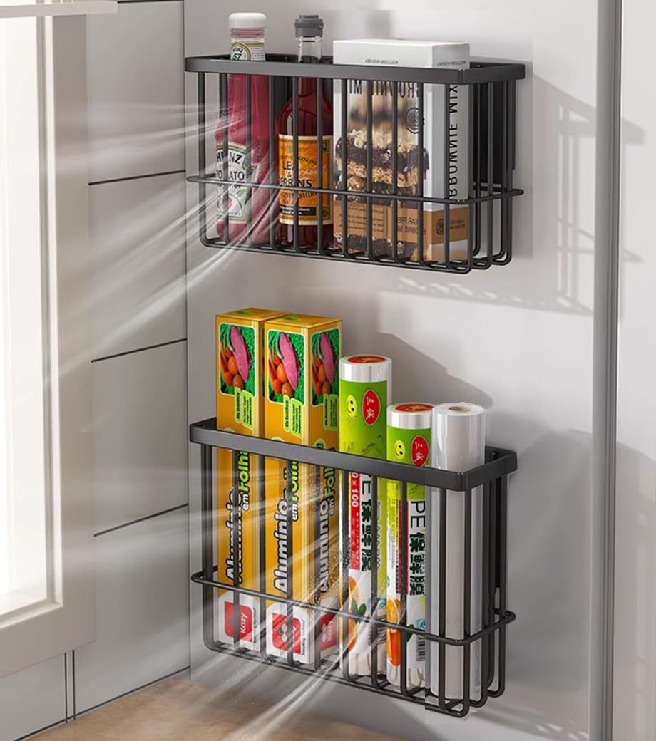 EigPluy 2pcs Self-Adhesive Wall Mounted Metal Storage Boxes – Black Cabinet Organiser