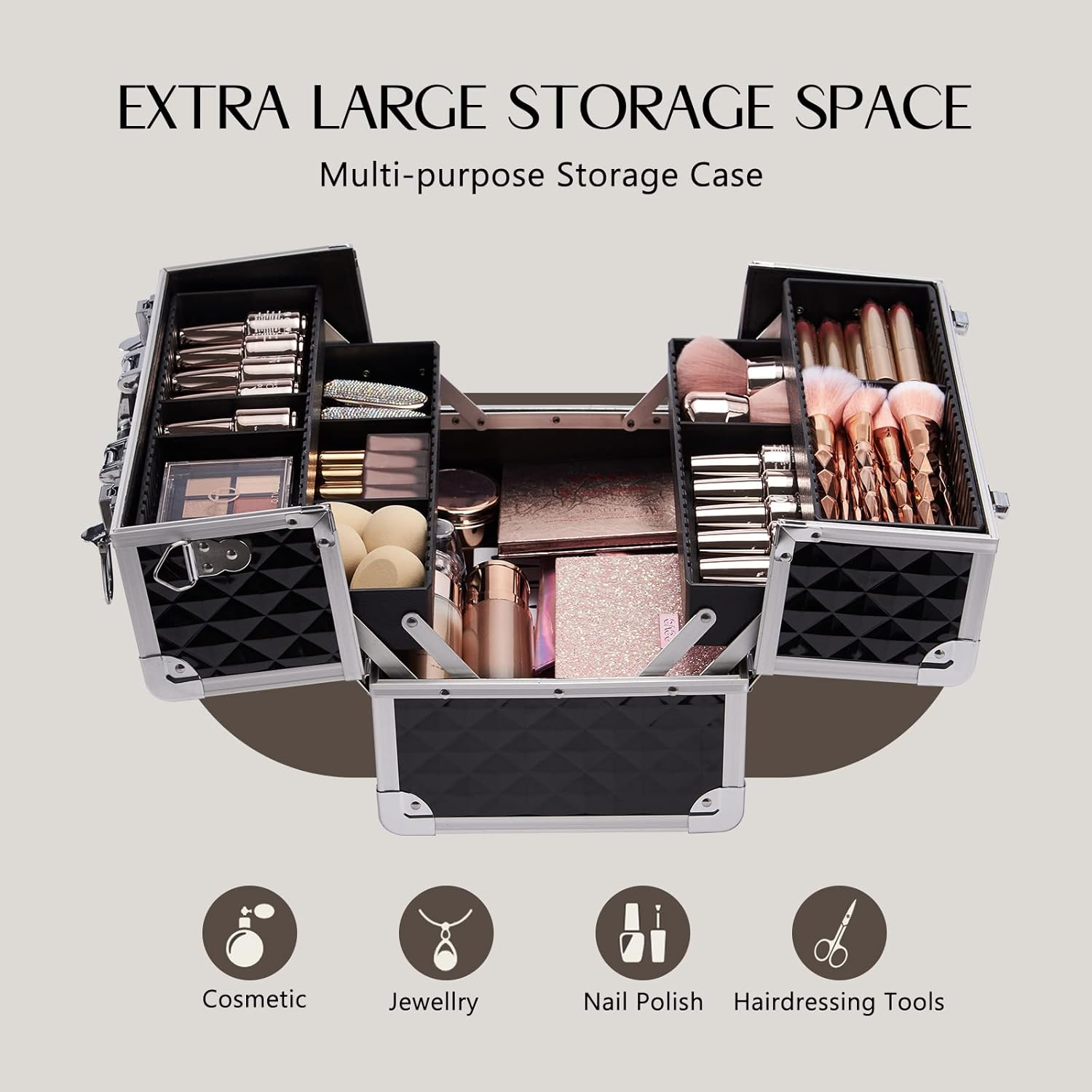 Large Black Makeup Organizer Box – Vanity Case with 4 Trays, Locks & Shoulder Strap