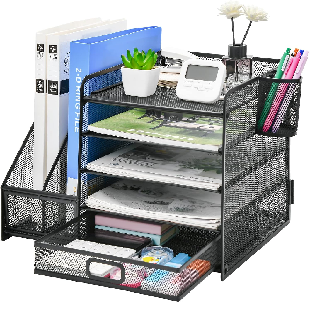 5-Tier Mesh Desk Organiser with Drawer & Pen Holders – File & Paper Tray Storage, Black