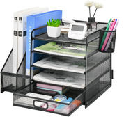 5-Tier Mesh Desk Organiser with Drawer & Pen Holders – File & Paper Tray Storage, Black